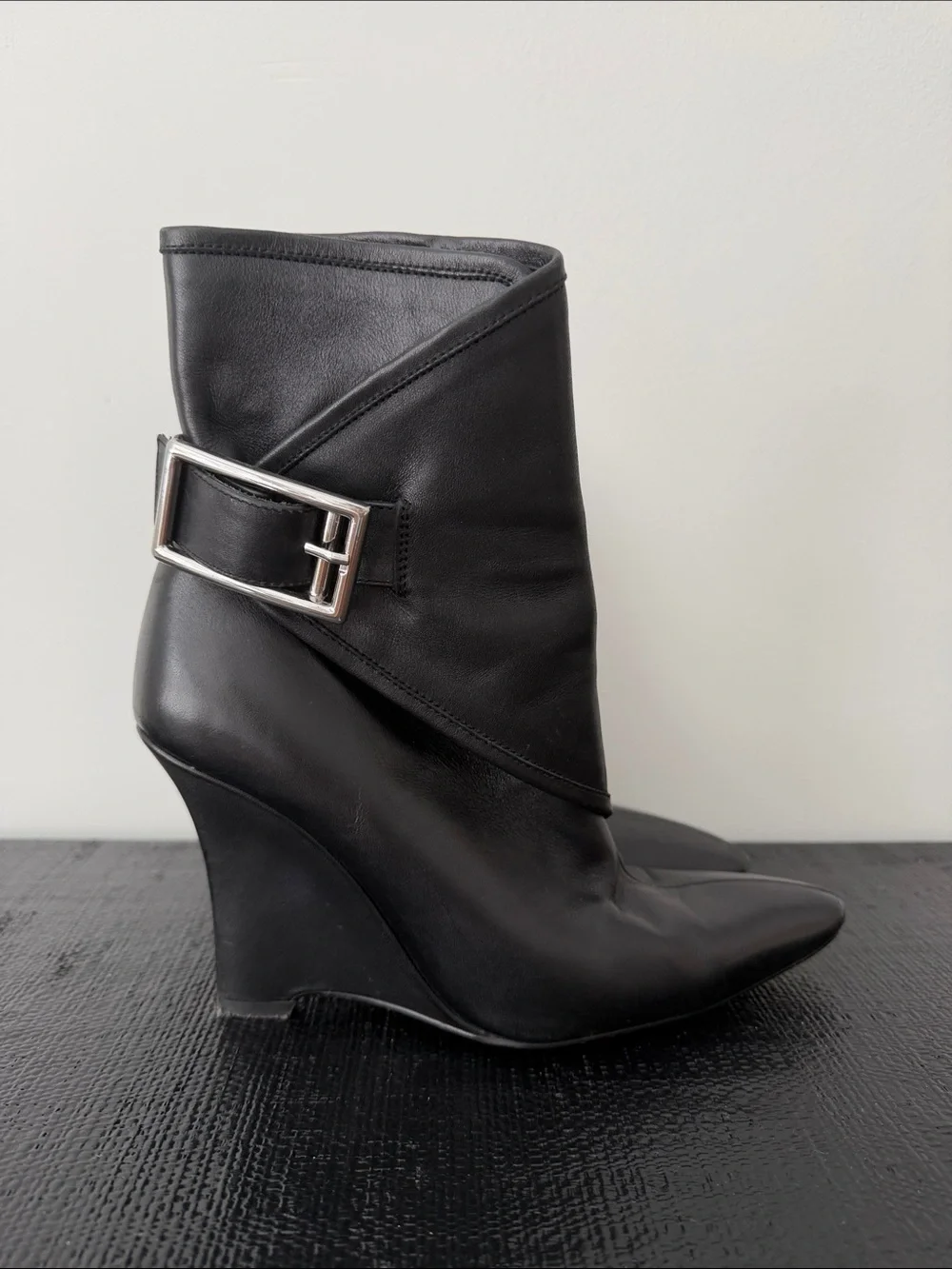 Zara Black Leather Wedge Ankle Boots with Silver Buckle